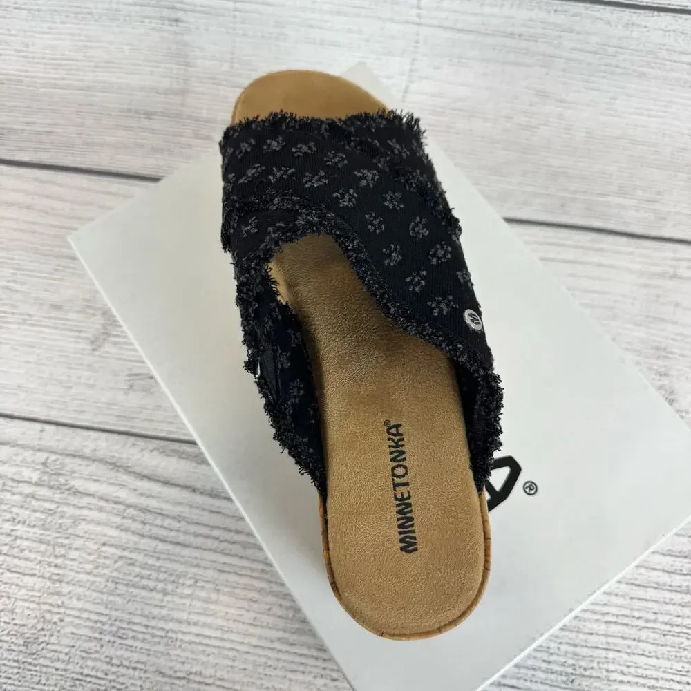 Minnetonka Women's Black Distressed Denim Posey Wedge Sandals Size 11